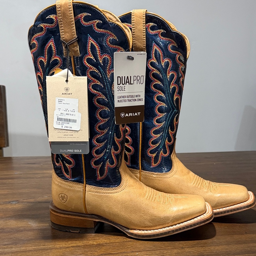 Ariat Tan and Navy Western Heeled Cowboy Boots